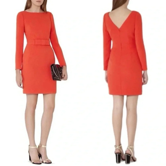 Reiss Genie Dress 4 Bright Orange Bow Waist Long Sleeve Cocktail Party Dress - Picture 1 of 15